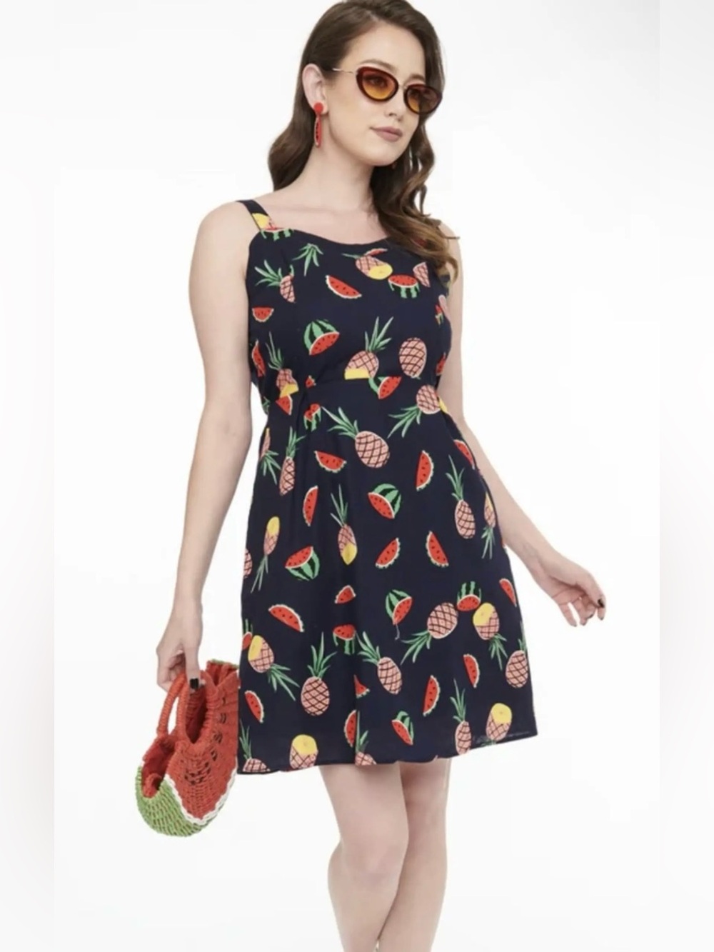 Tulip B Navy Fitted by Summer Dress w/ Pineapples and Watermelon Size L EUC.